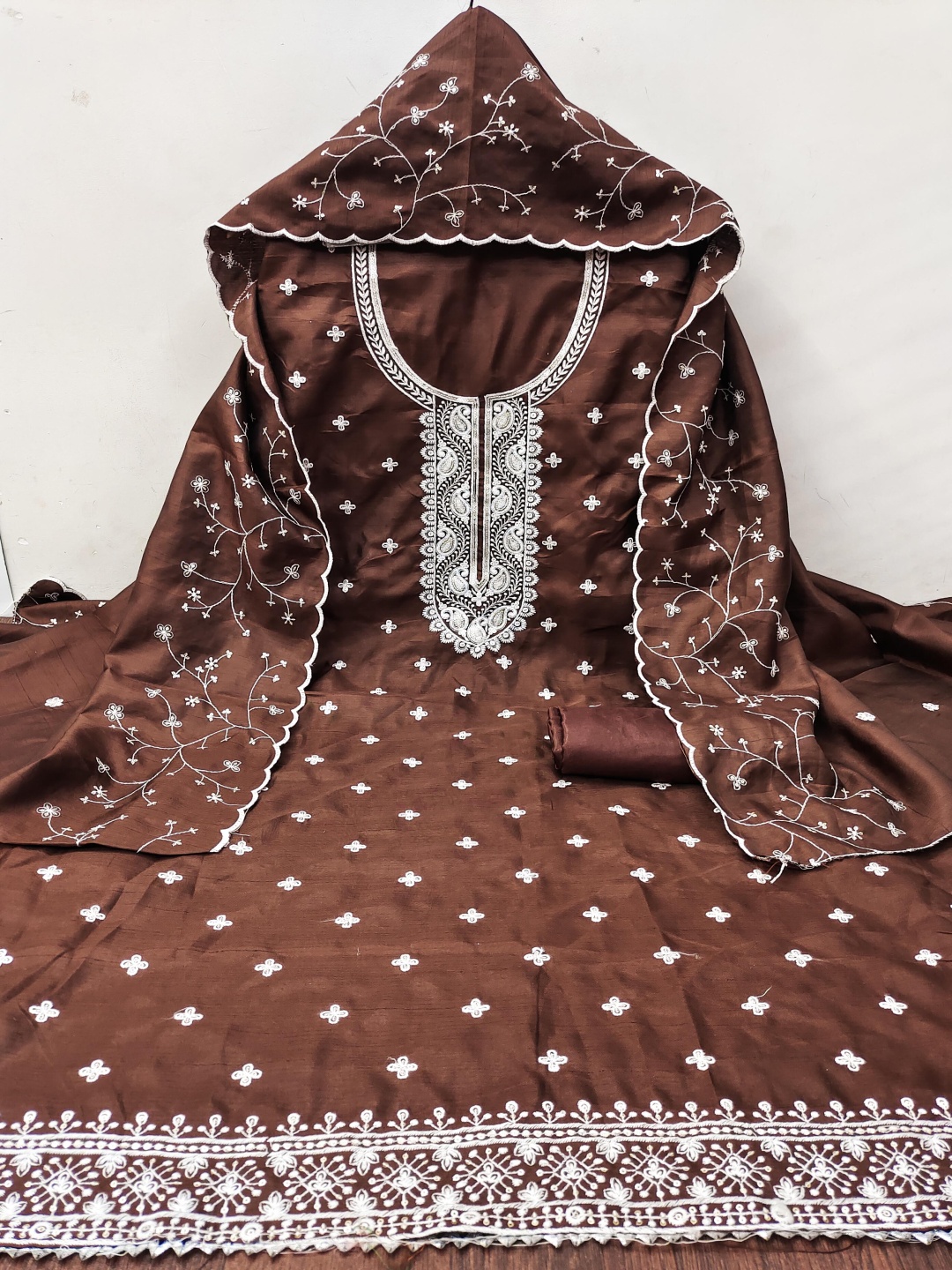 

HERE&NOW Sequinned Embellished Unstitched Dress Material, Brown