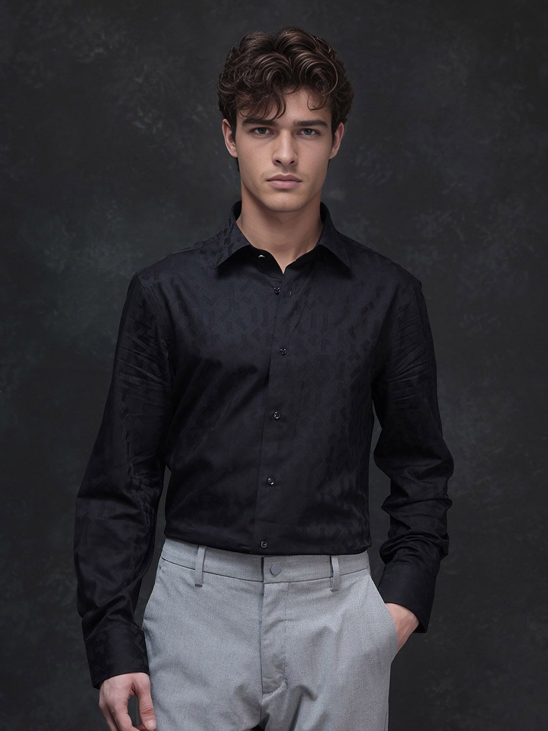 

RARE RABBIT Men LEFFY Comfort Fit Spread Collar Textured Cotton Casual Shirt, Black