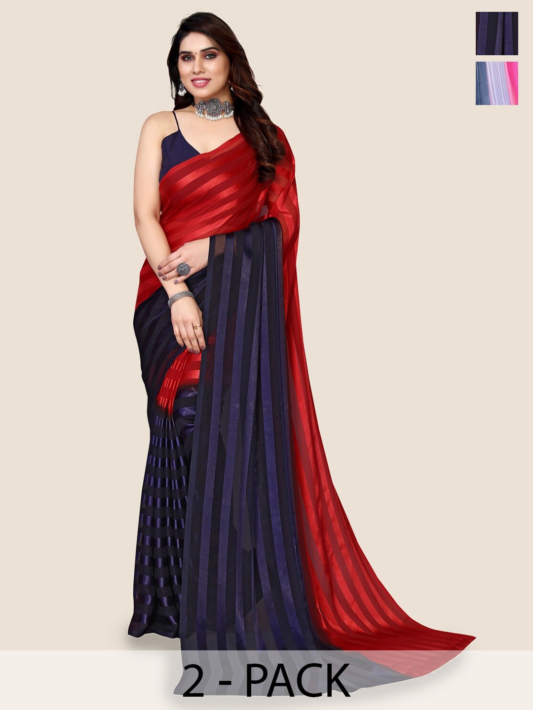 

Moda Rapido Pack Of 2 Striped Satin Saree, Red