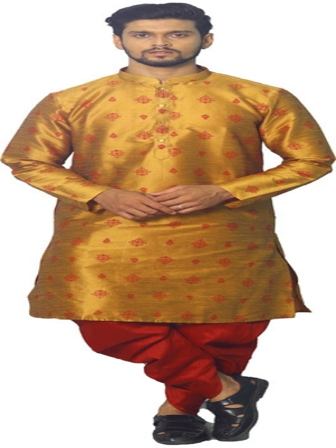

House of Aqss Floral Printed Mandarin Collar Straight Kurta With Dhoti Pants, Gold