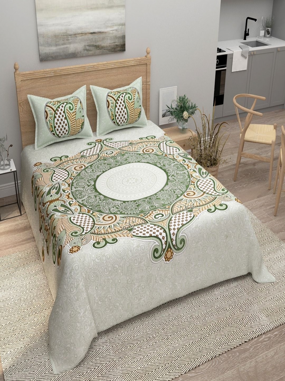 

Myntra Elegant Homes Green Printed Pure Cotton 180 TC King Bedsheet Set 2.74 m x 2.54 m