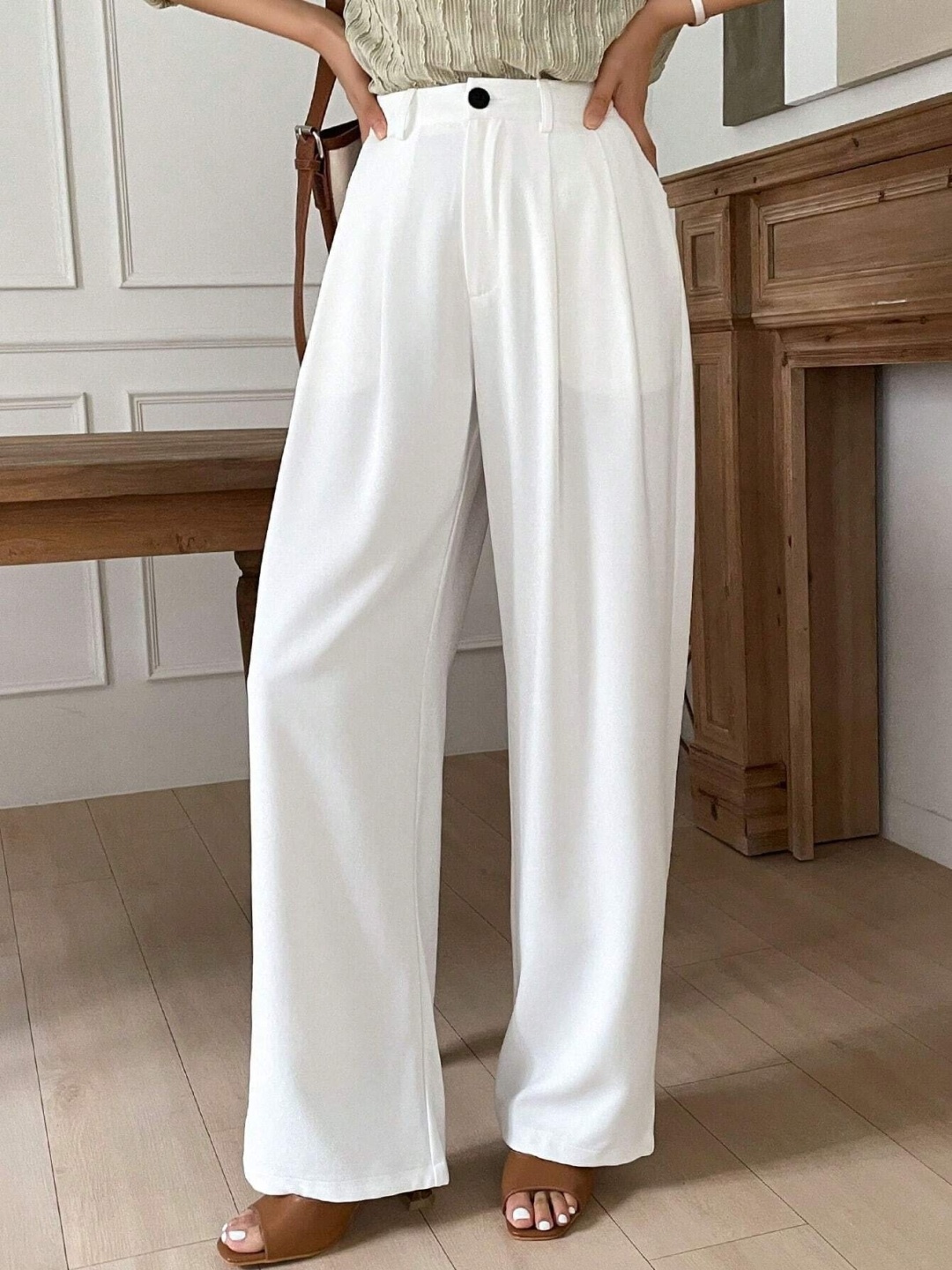 

FNOCKS Women Organic Cotton Relaxed Loose Fit High-Rise Trousers, White