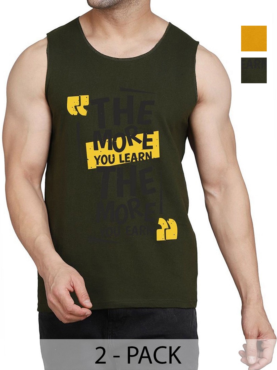 

WOOSTRO Men Pack Of 2 Typography Printed Round Neck Cotton Slim Fit T-shirts, Olive