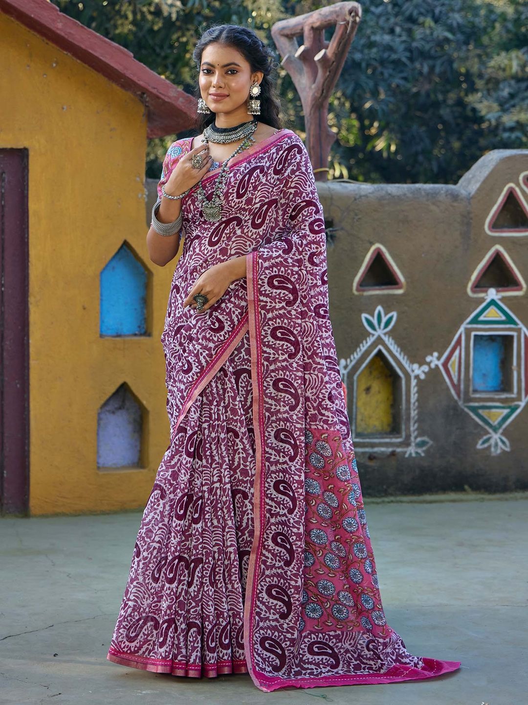 

KALINI Paisley Block Print Saree, Magenta