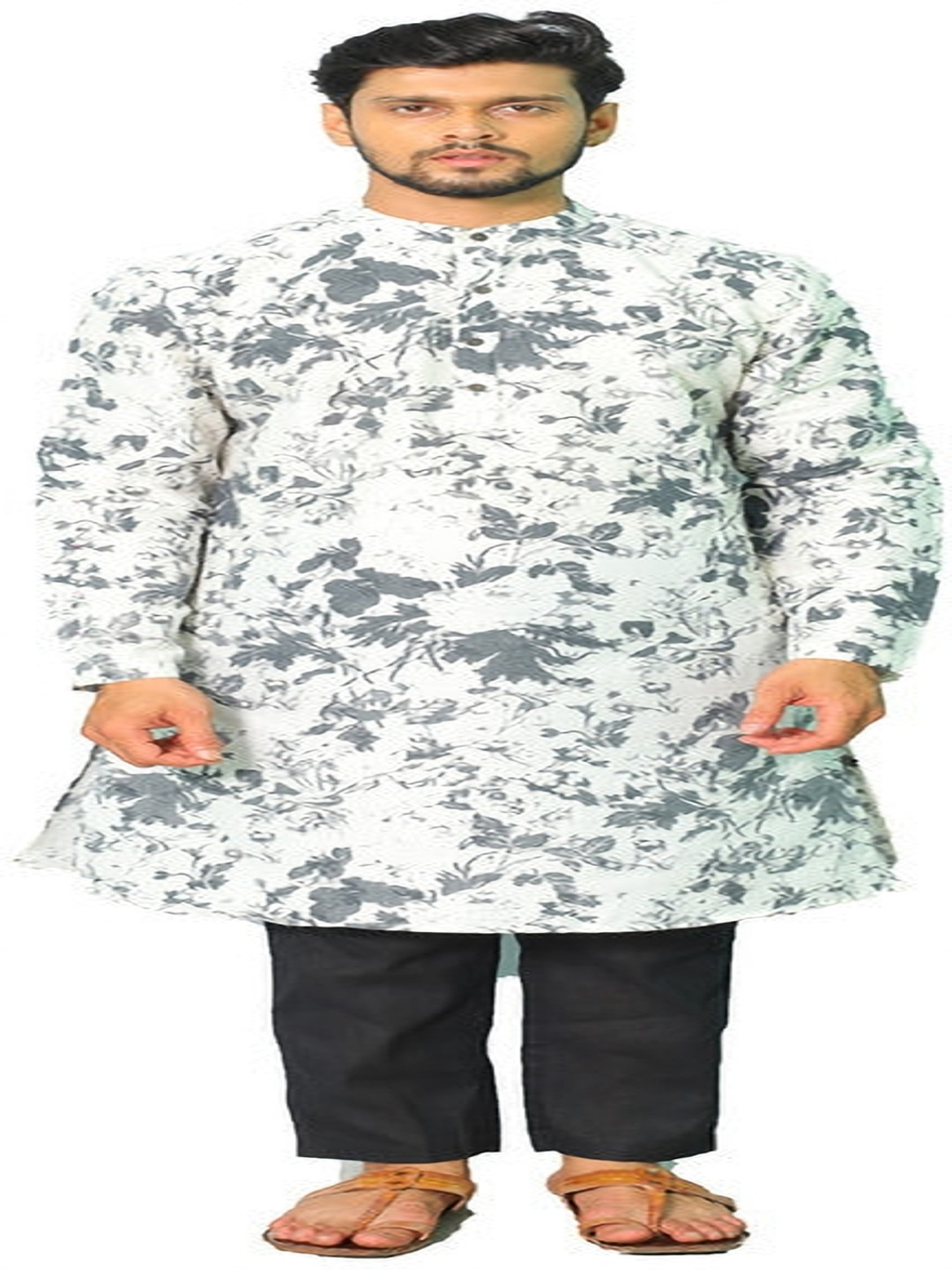 

House of Aqss Floral Printed Mandarin Collar Straight Kurta With Trouser, White