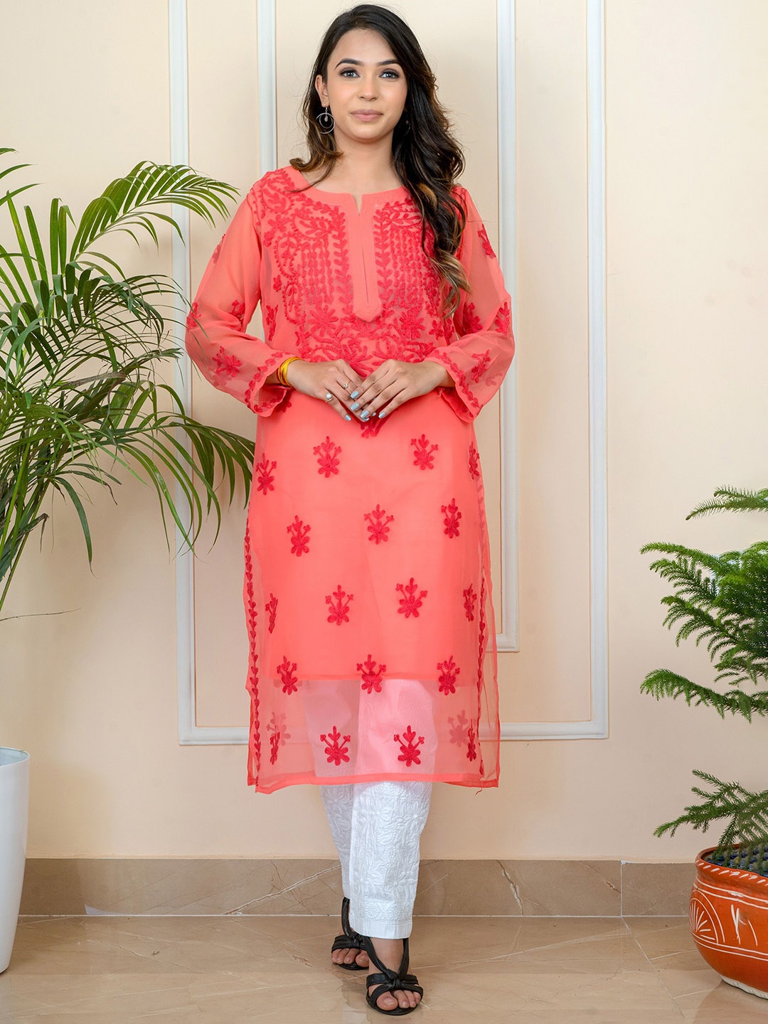 

ADR CHIKAN Floral Embroidered Thread Work Georgette Kurta With Trousers, Peach