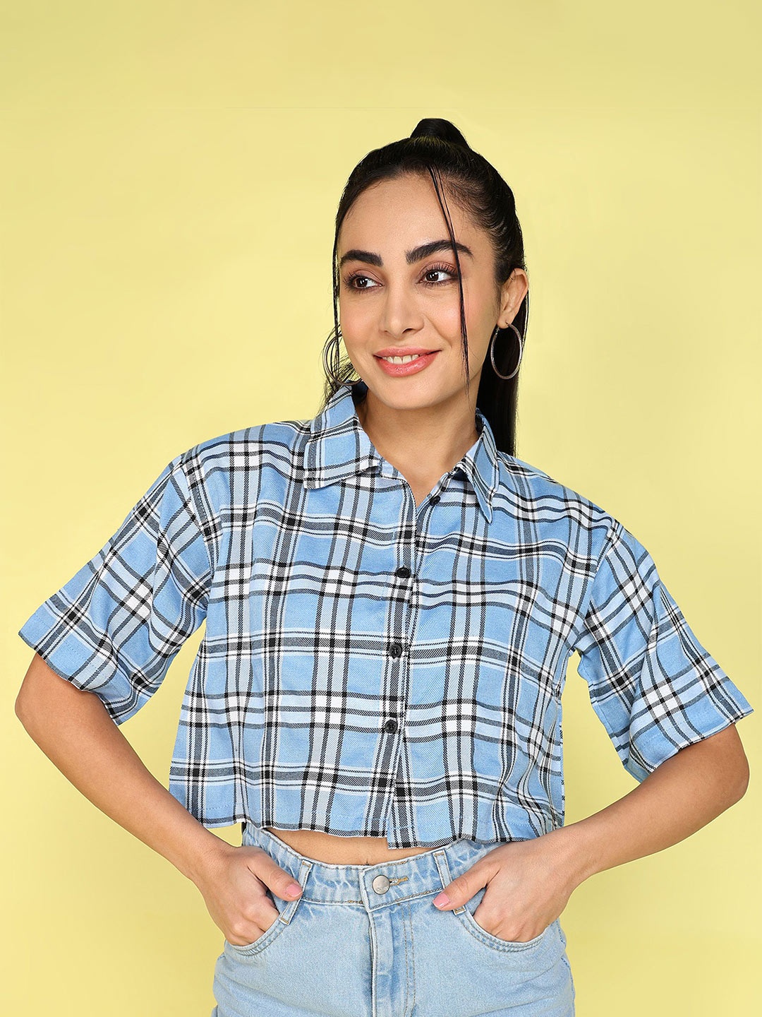 

KASHIAN Women Boxy Fit Spread Collar Tartan Checked Casual Shirt, Blue