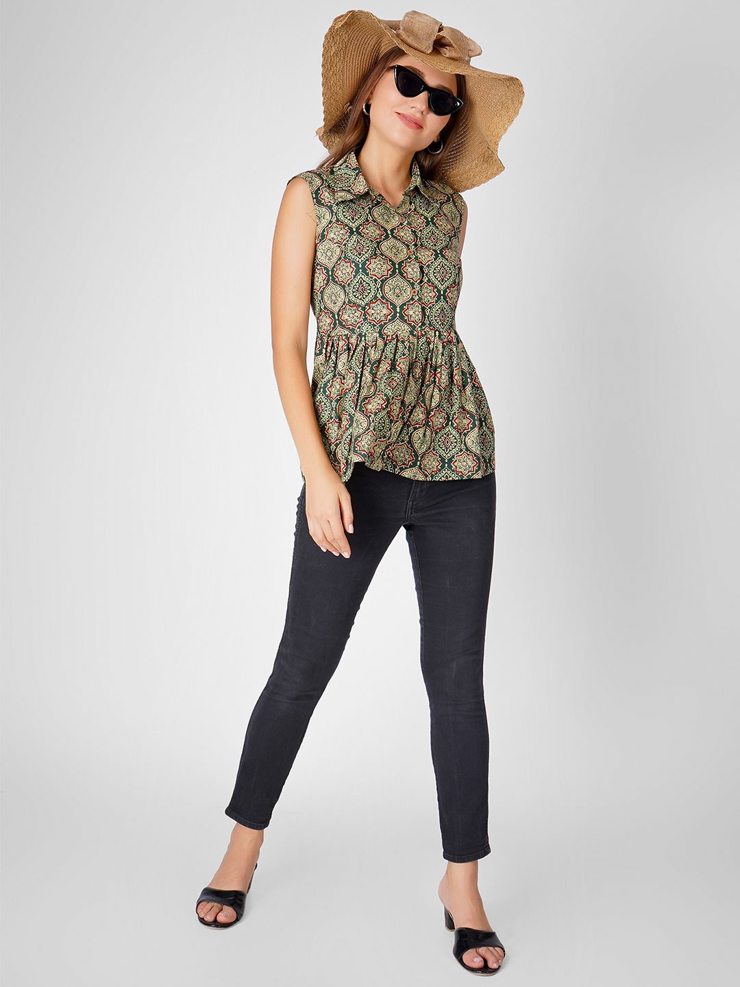 

UNLOKALE Floral Printed Sleeveless Cotton Peplum Top, Green