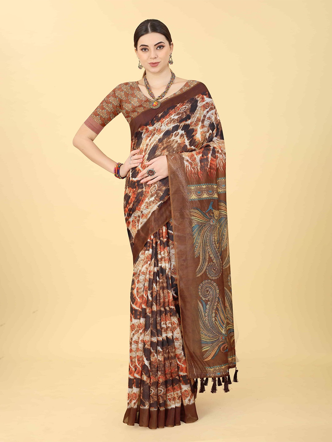 

DIVASTRI Chanderi Cotton Indigo Digital Printed Saree With Beautiful Tassels, Brown