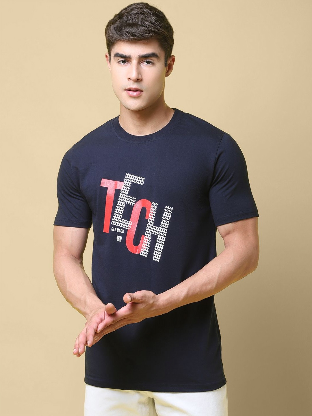 

SZN Men Typography Printed Round Neck Cotton T-shirt, Navy blue