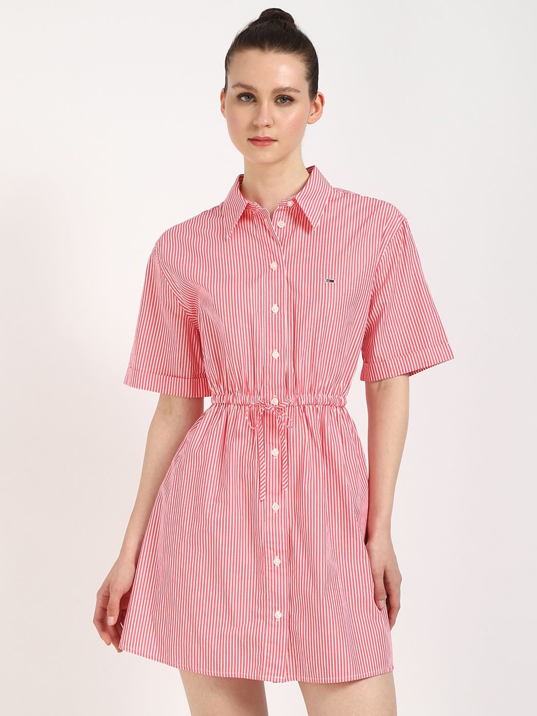 

Tommy Hilfiger Women Striped Shirt Collar Shirt Dress, Pink