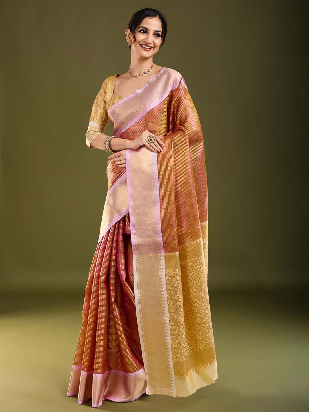 

Anouk Checked Zari Tissue Banarasi Saree, Pink