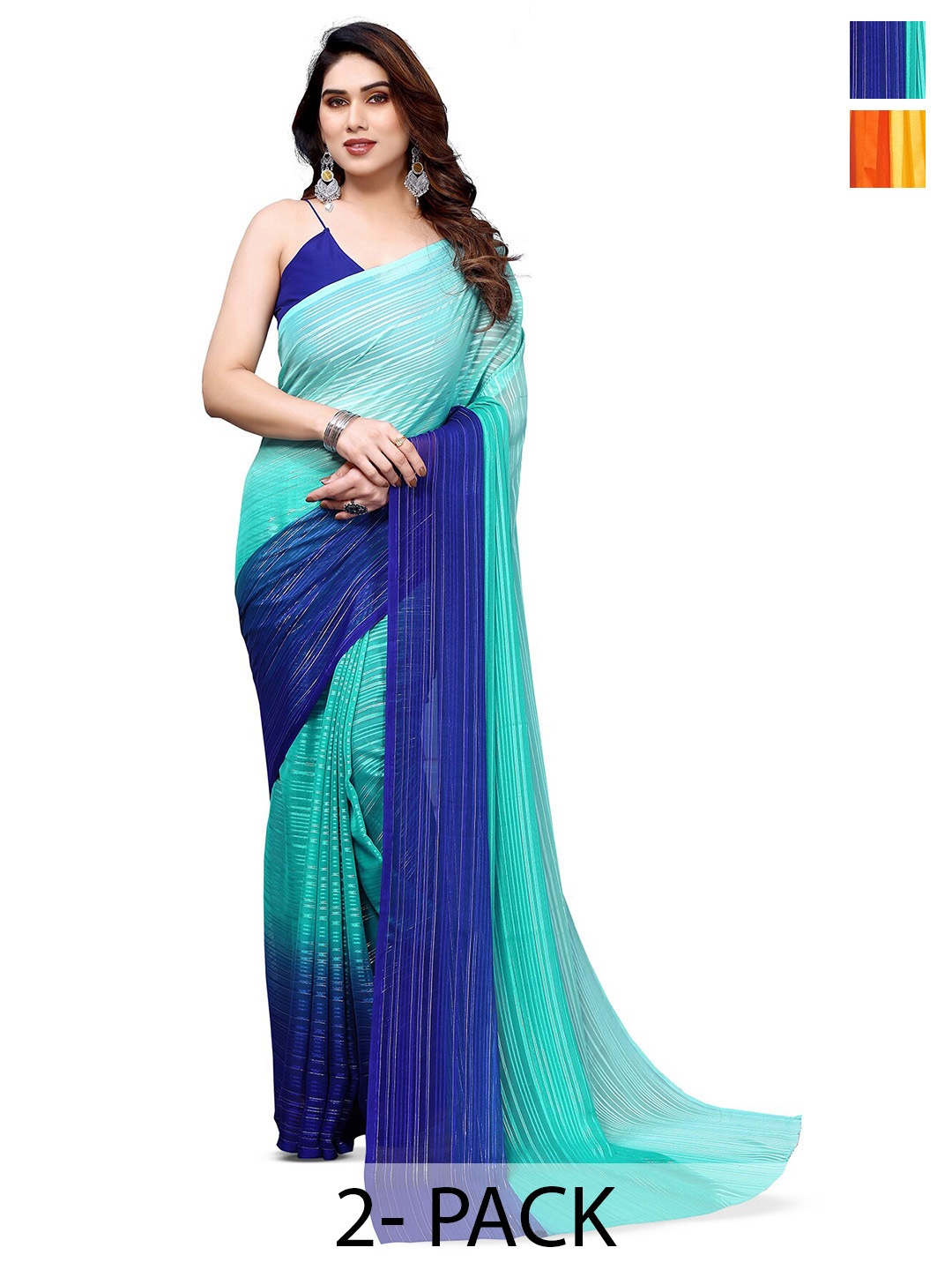 

Moda Rapido Set of 2 Satin Striped Sarees, Blue