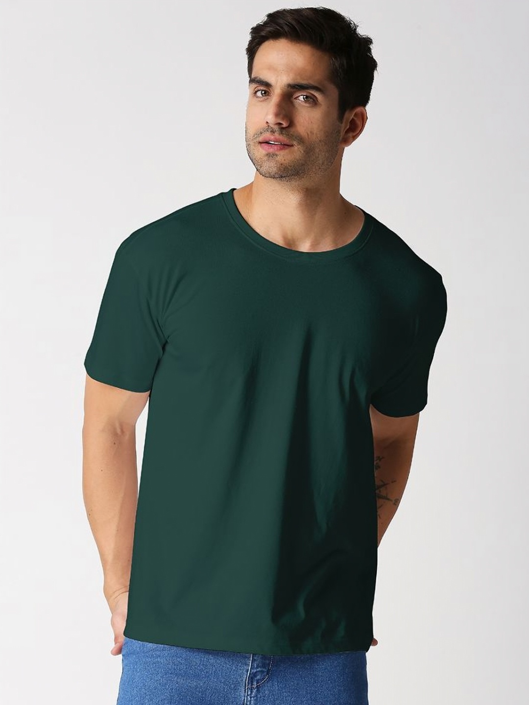 

Wear Your Opinion Men Solid Bottle Green Cotton T-shirt