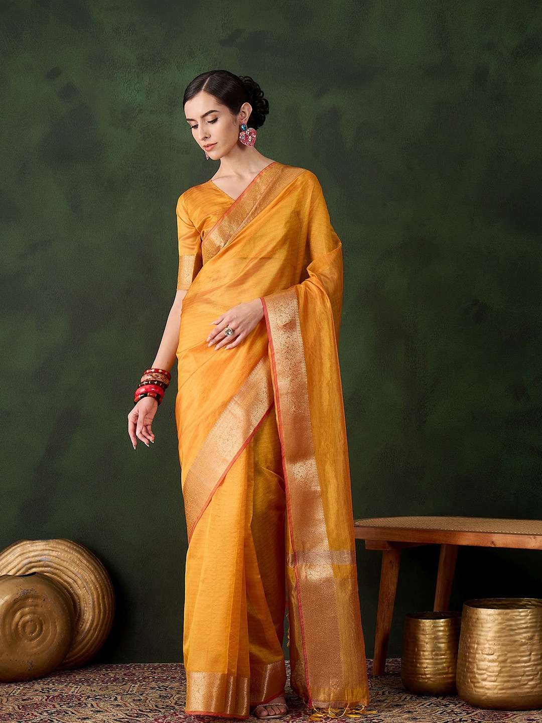 

HERE&NOW Zari Organza Saree with Blouse Piece, Yellow