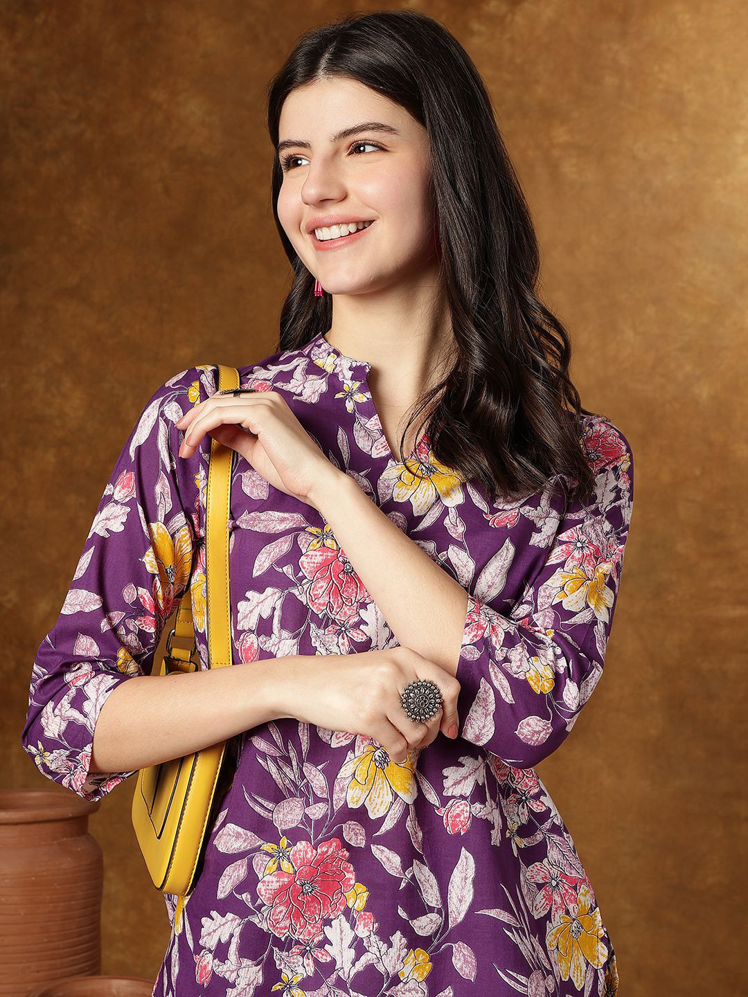 

KALINI Women Floral Printed Mandarin Collar Pure Cotton Top, Purple