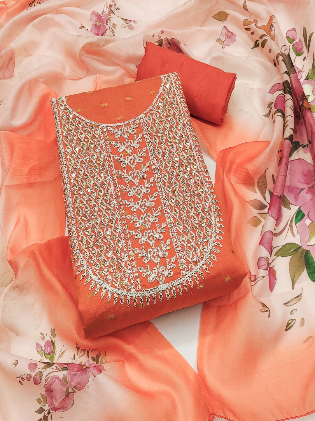 

HERE&NOW Floral Embroidered Sequinned Unstitched Dress Material, Orange