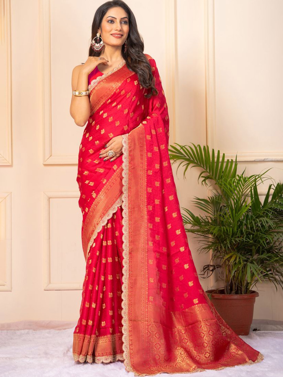 

KAJREE Woven Design Zari Pure Silk Jamdani Saree, Pink