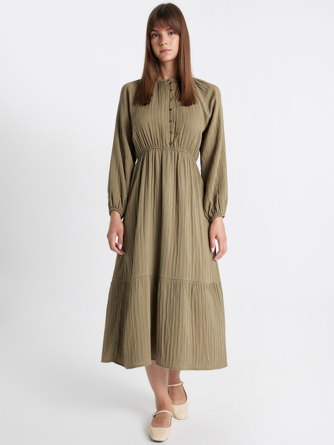 

DeFacto Fit And Flare mandarian collar Midi Dress, Khaki