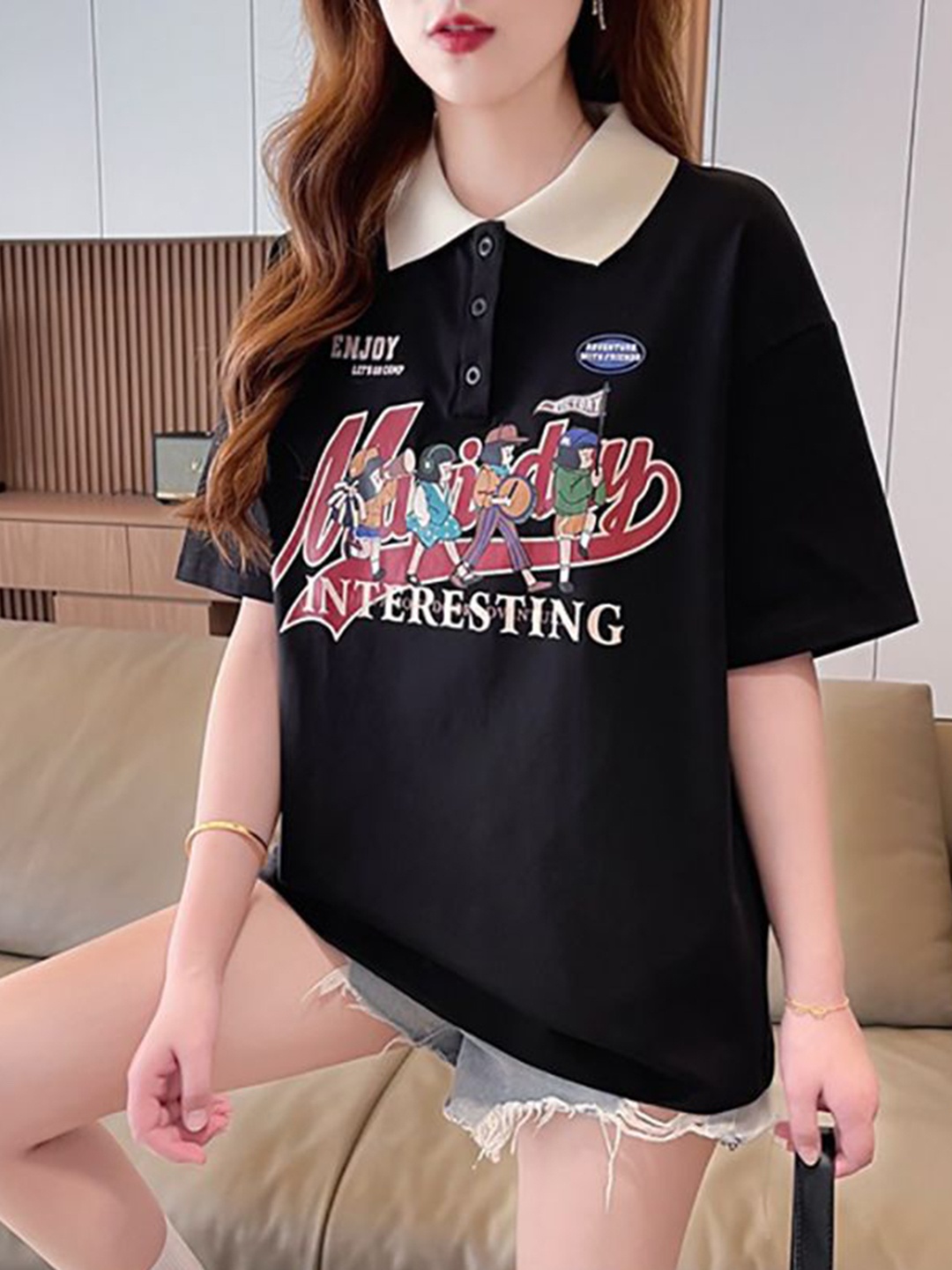 

StyleCast x Revolte Women Typography Printed Polo Collar Raw Edge T-shirt, Black