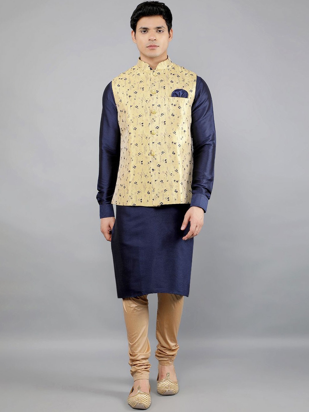 

Manish Creations Mandarin Collar Jacquard Straight Kurta With Churidar And Nehru Jacket, Navy blue