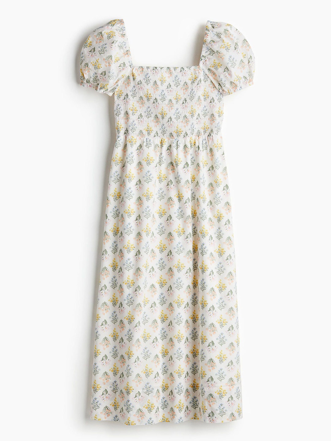 

H&M fit and flare Puff-Sleeved Cotton smoked maxi Dress, White