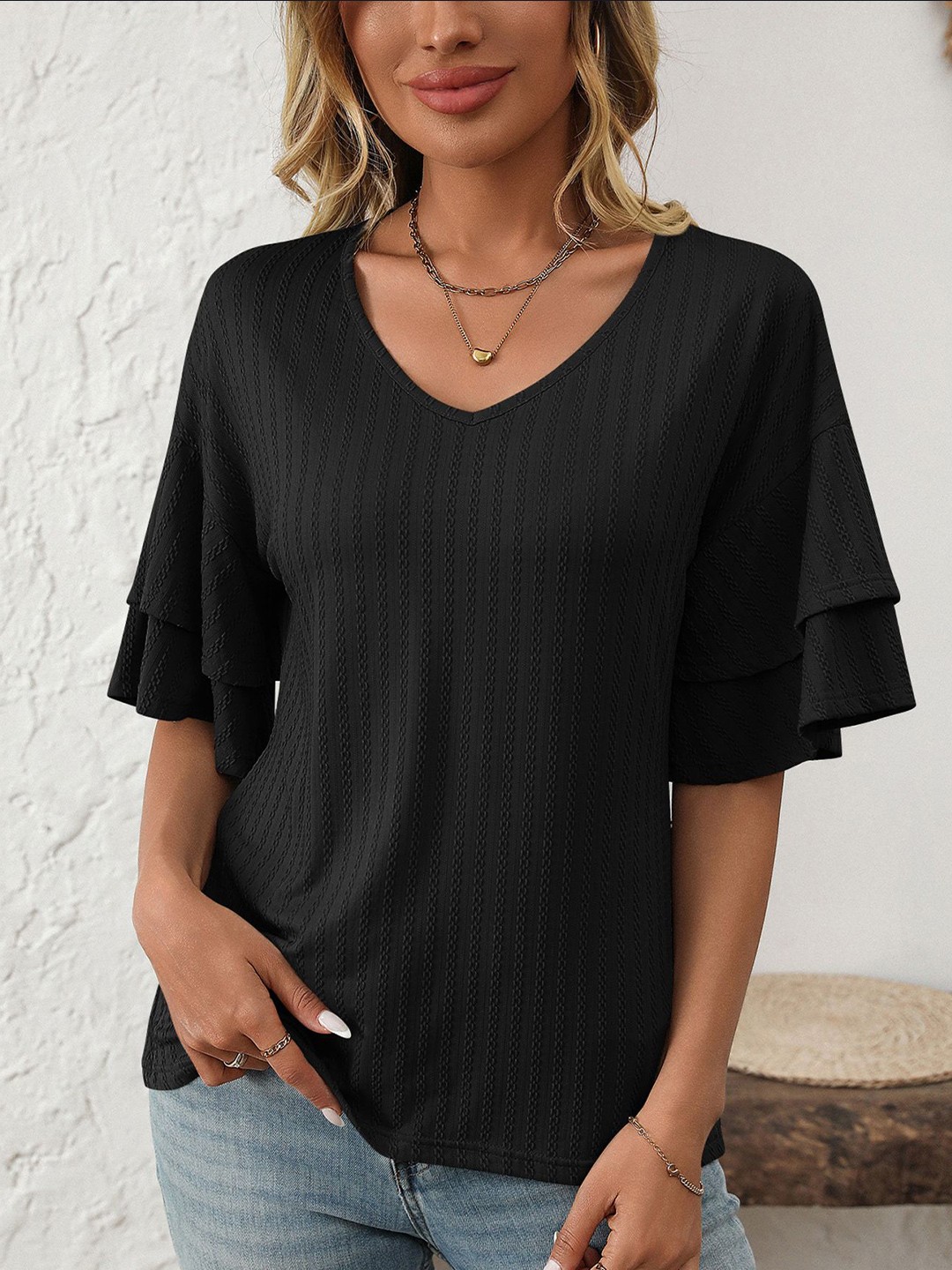 

StyleCast x Revolte Women Self Design Top, Black