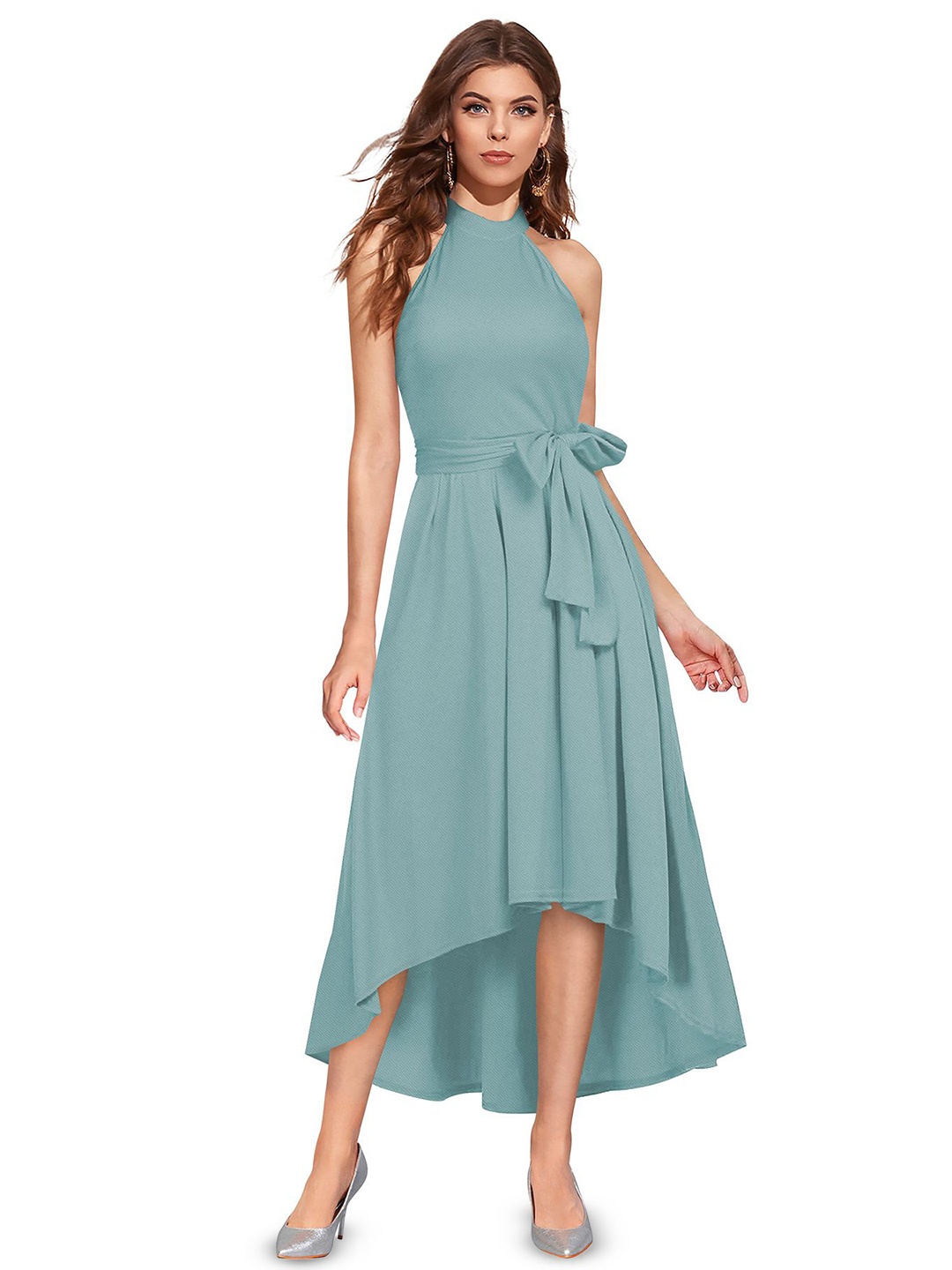 

SHOPONBIT Fit & Flare sleeveless bow detail Midi Dress, Green
