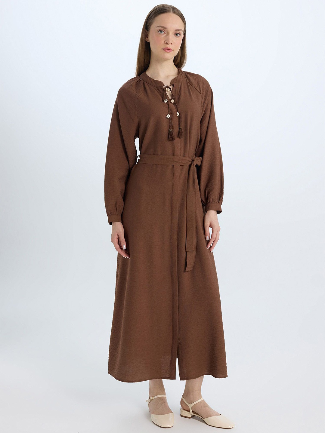 

DeFacto Tie-Up Neck Cuffed Sleeves Shirt Maxi Dress, Brown