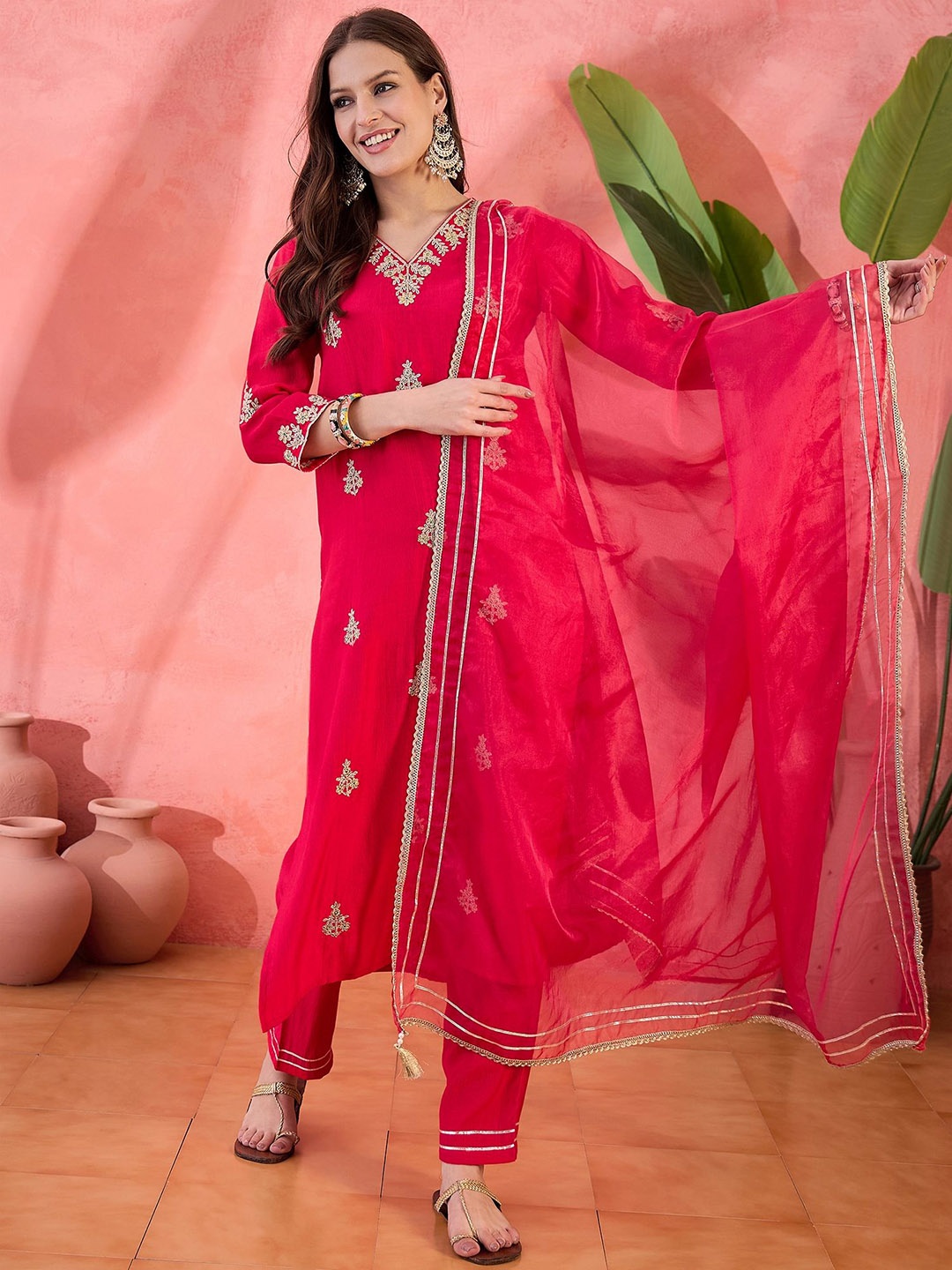 

Sangria Floral Zari Embroidered V Neck Straight Kurta With Trouser And Dupatta, Pink