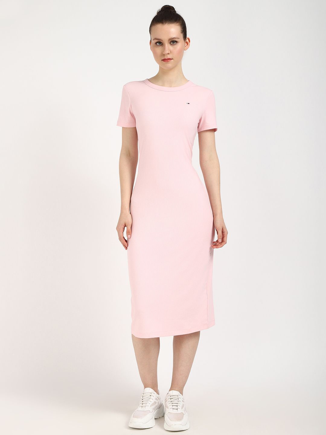 

Tommy Hilfiger Women Solid Round Neck Short Sleeves T-shirt Dress, Pink