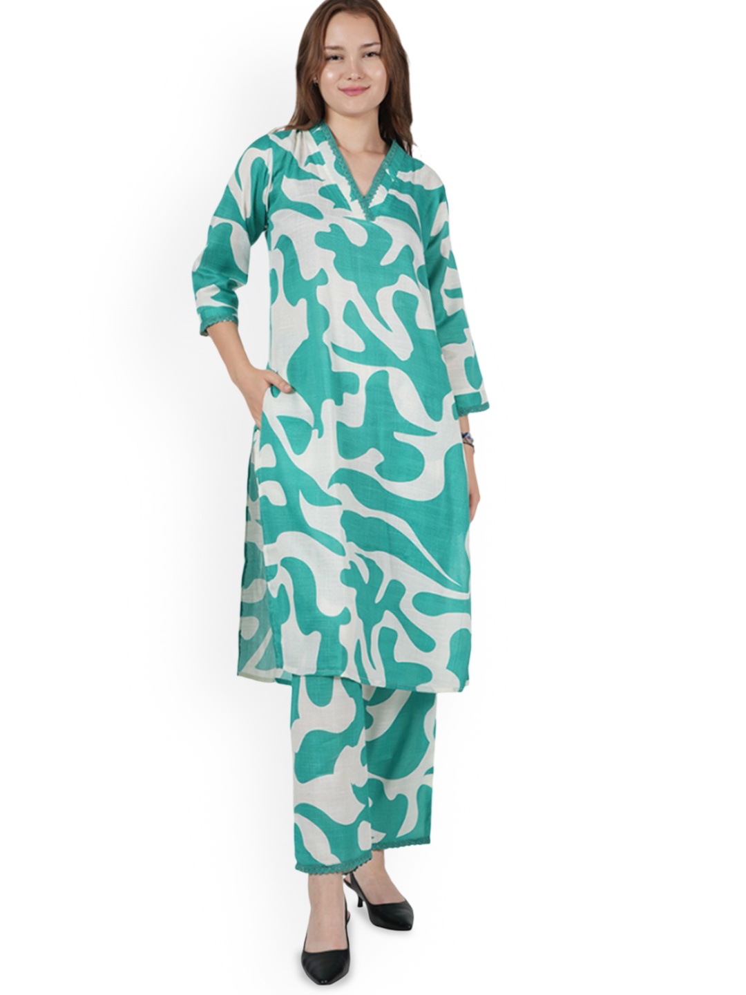 

BAESD Abstract Printed V-Neck Pure Cotton Tunic With Trouser, Sea green