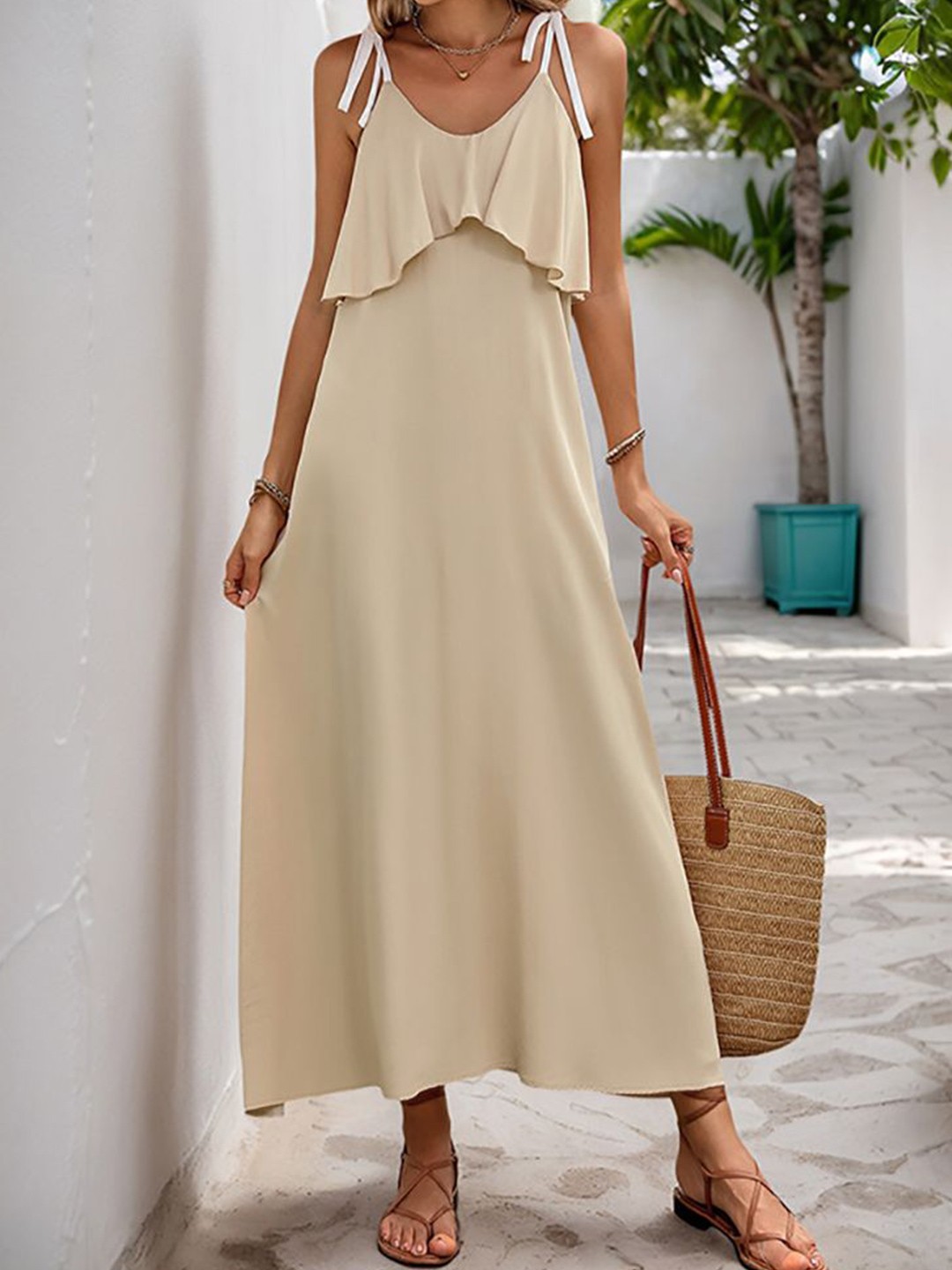 

StyleCast x Revolte Women Scoop Neck Shoulder Straps Maxi Dress, Beige
