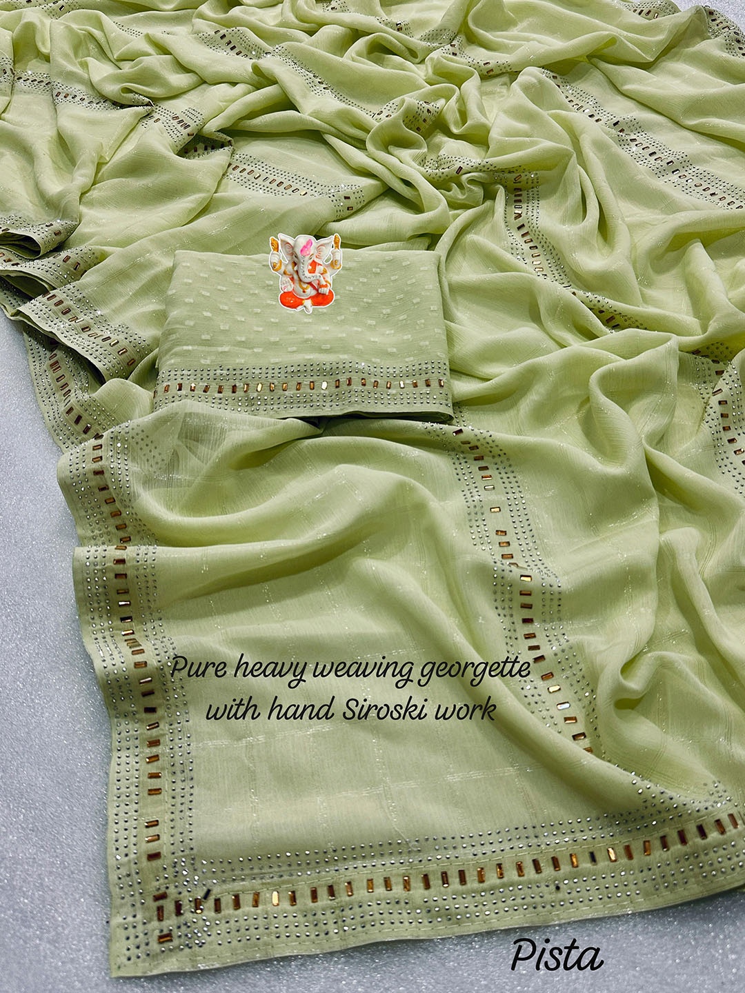 

PAYAL CREATION Floral Beads and Stones Pure Georgette Heavy Work Maheshwari Saree, Olive
