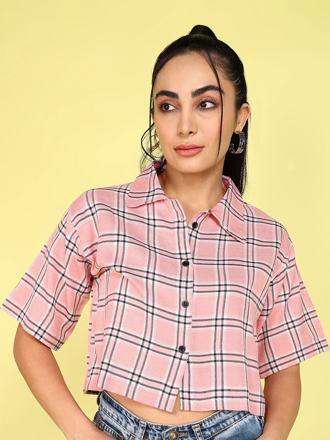 

KASHIAN Women Relaxed Fit Spread Collar Tartan Checked Cotton Casual Shirt, Peach