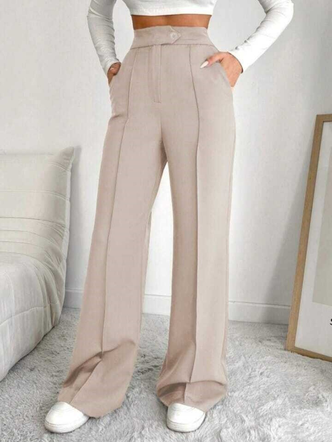 

Next One Women Smart Loose Fit High-Rise Easy Wash Pleated Formal Trousers, Beige