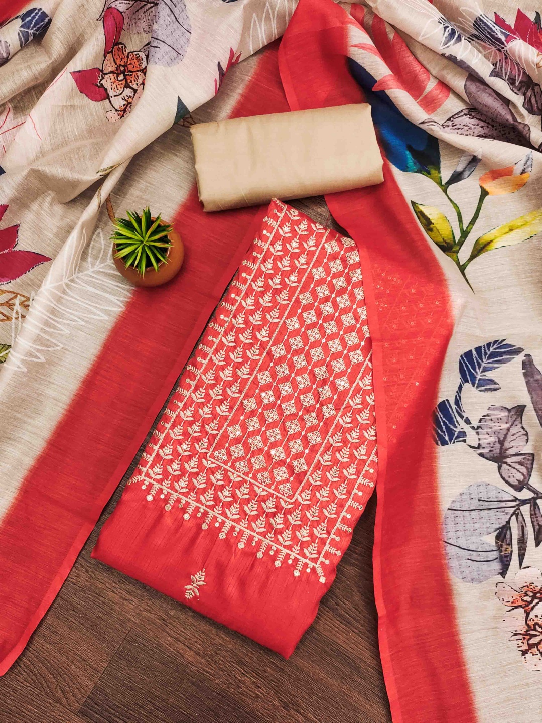 

Blissta Embroidered Unstitched Dress Material, Red