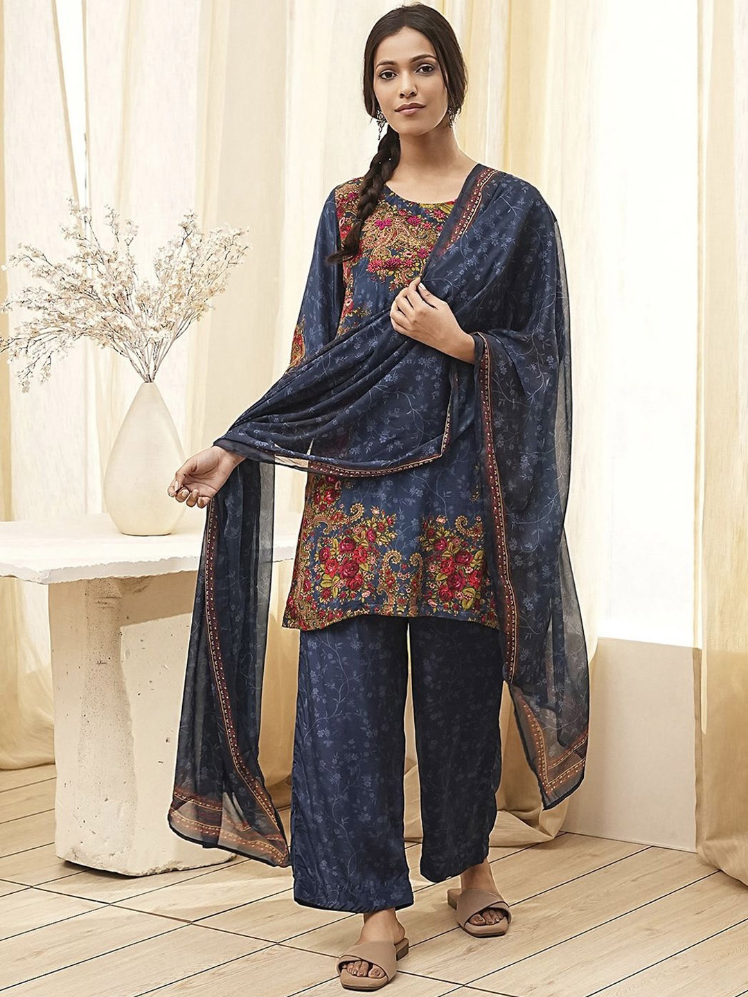 

Biba Floral Printed Round Neck Straight Kurta With Palazzos And Dupatta, Blue