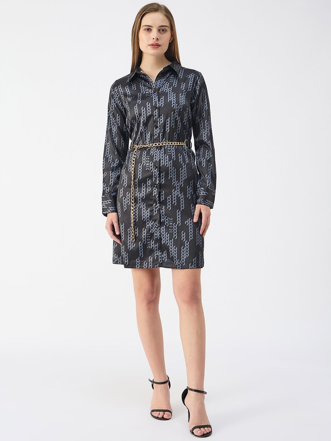 

Iconic Print Shirt collar Above knee length Dress, Black