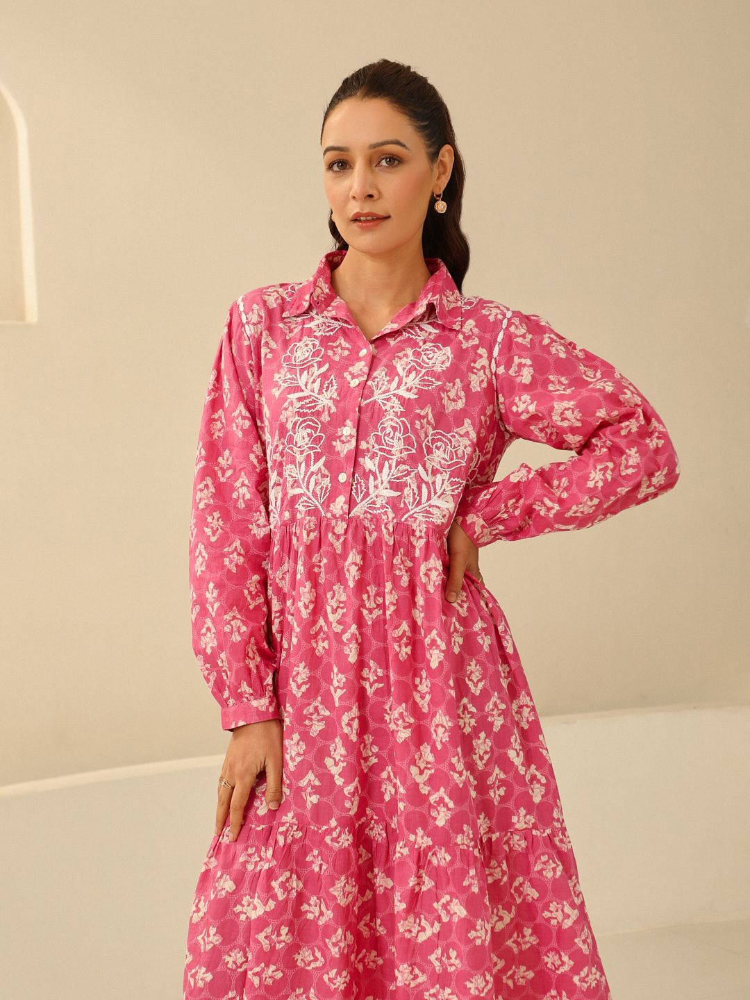 

House of Chikankari Women Woven Cotton Chikankari Long Dress-Pink