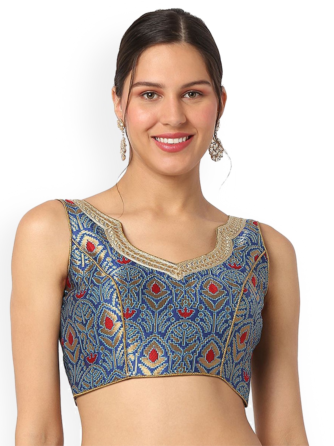 

Mmore Brocade Padded Sleeveless Saree Blouse, Blue