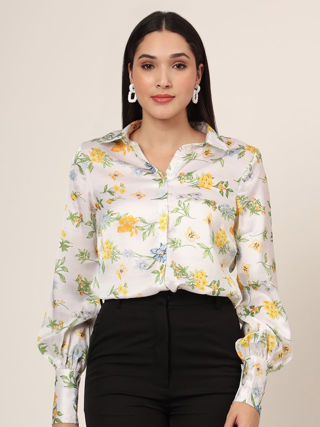 

AMSWAN Women Comfort Fit Spread Collar Floral Printed Satin Casual Shirt, Off white