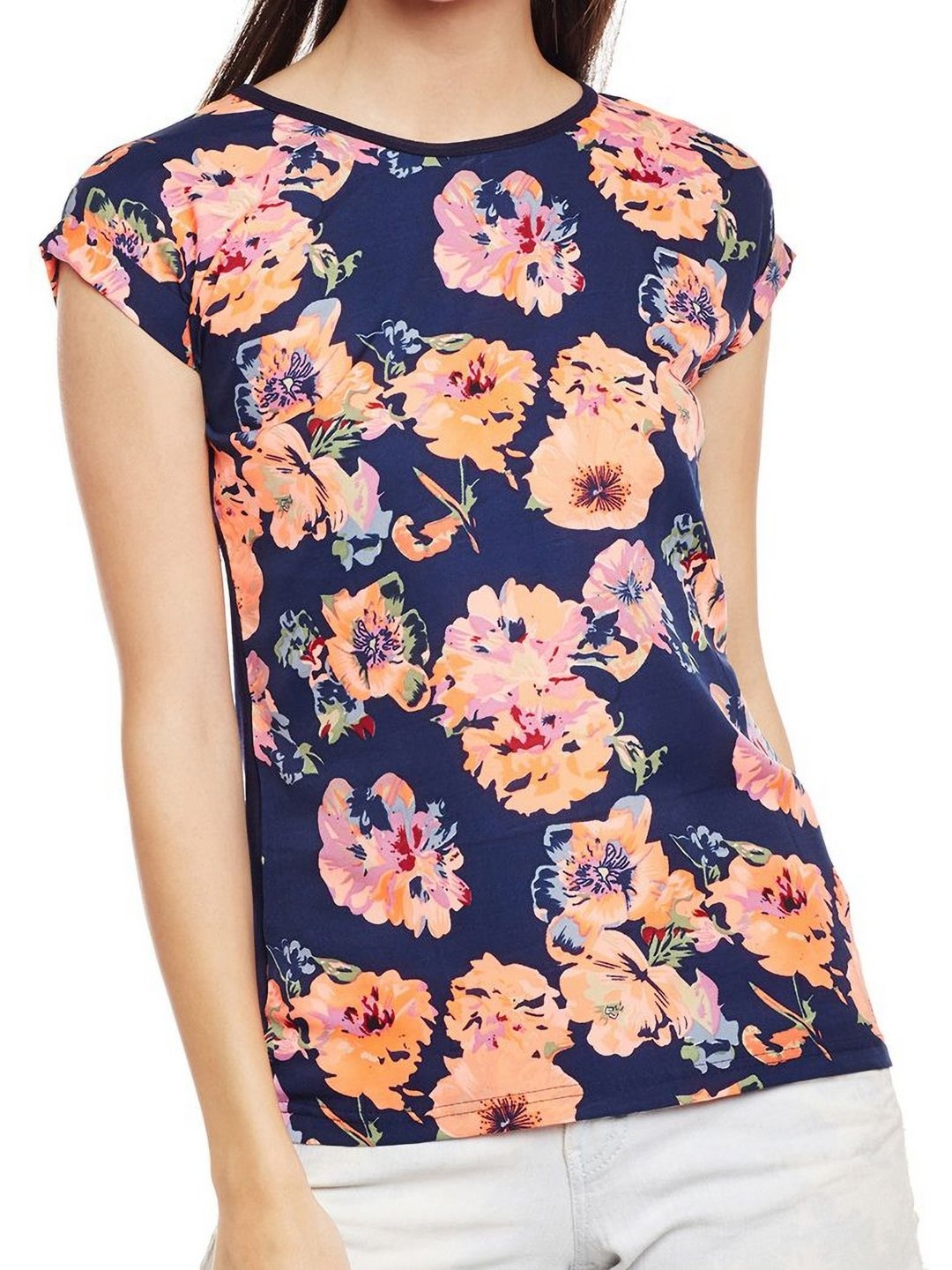 

Moda Rapido Women Floral Printed Round Neck Cotton Slim Fit T-shirt, Navy blue