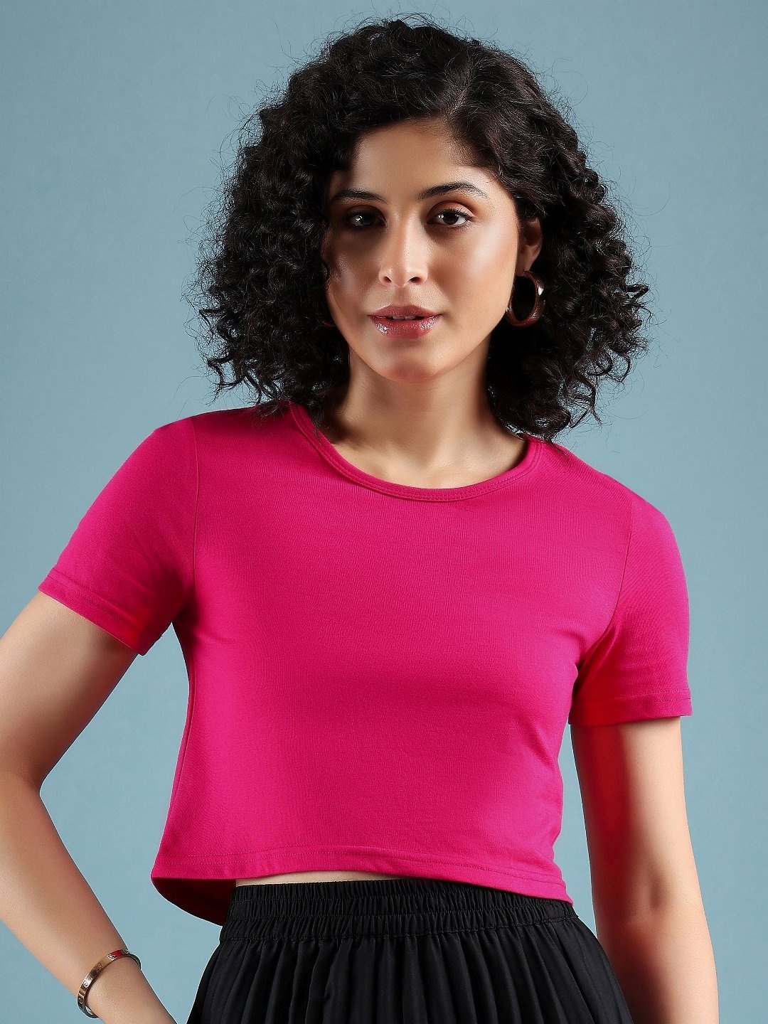 

DressBerry Women Solid Round Neck Cotton Boxy T-shirt, Fuchsia