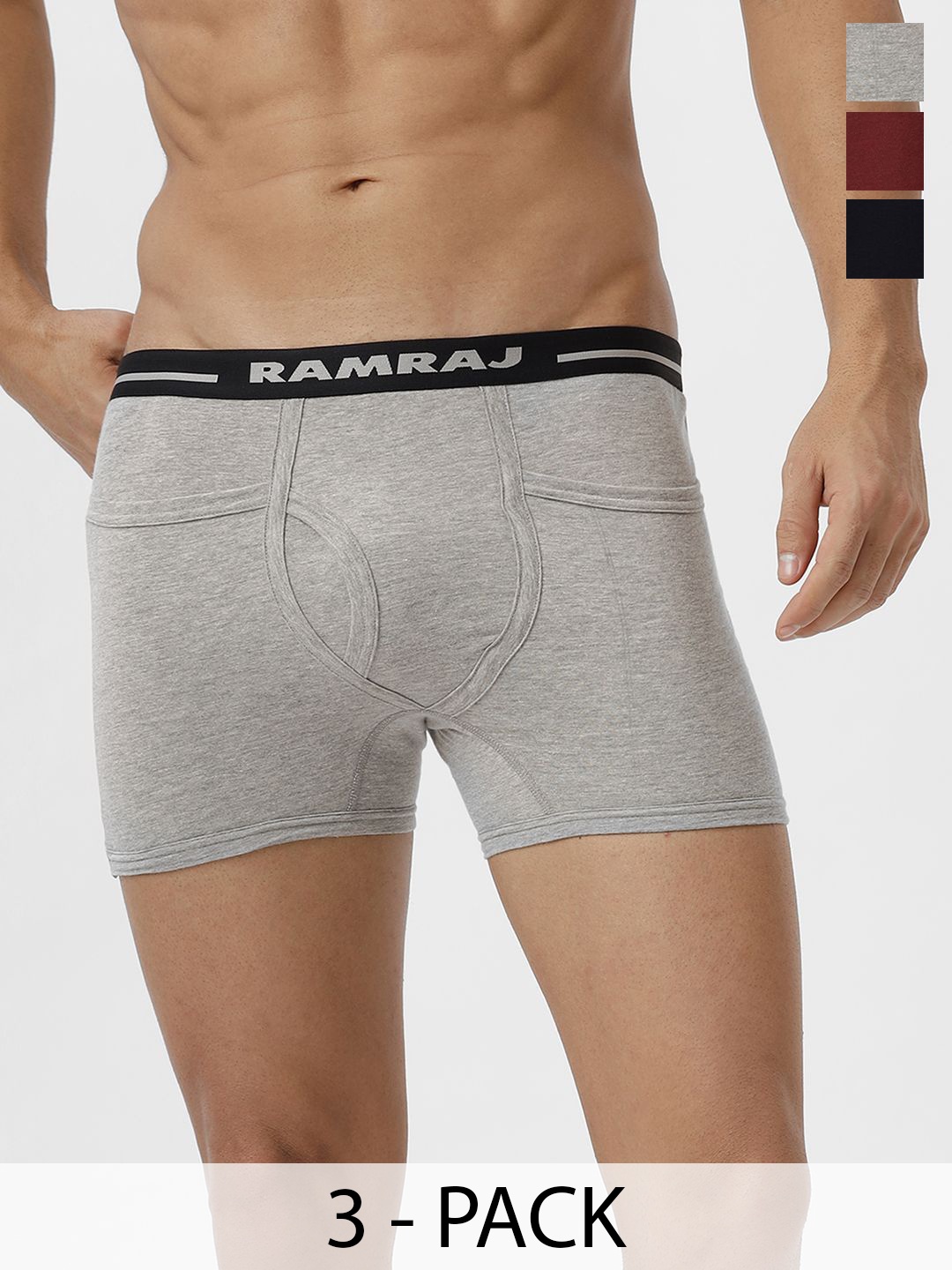 

Ramraj Men Pack of 3 Solid Low Rise Cotton Fine Jersey Target Trunks, Grey melange