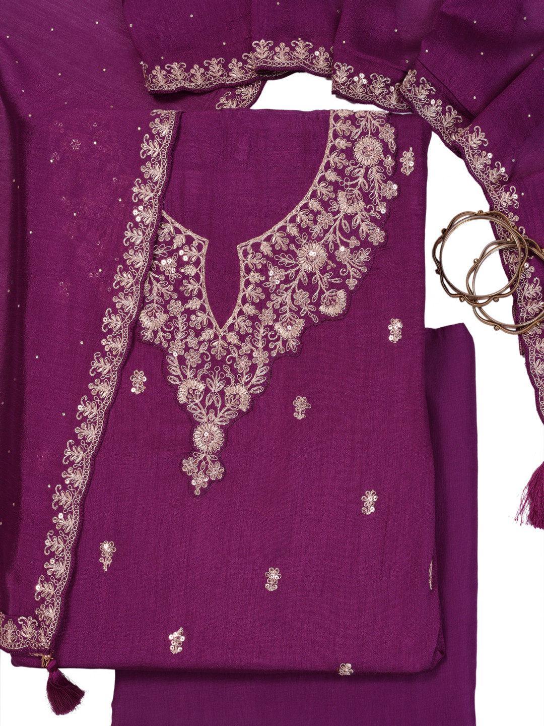 

KULEESH Floral Embroidered Silk Georgette Unstitched Dress Material, Purple