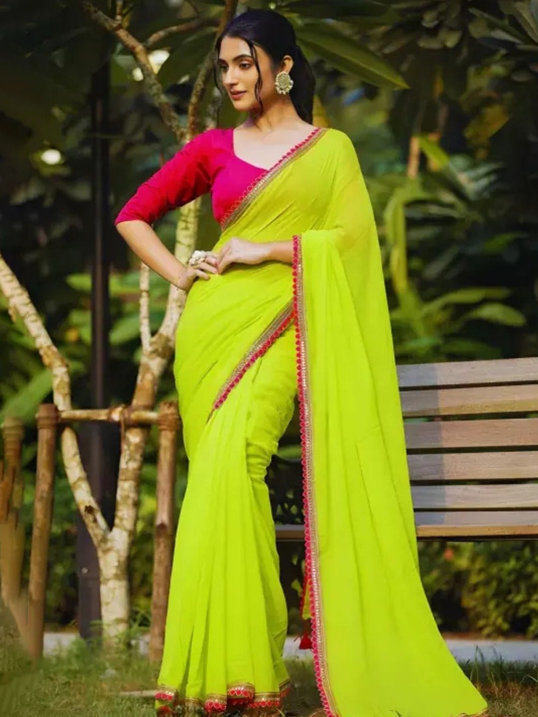 

MAGMINA Pure Georgette Banarasi Saree with Unstitched Contrast Blouse, Fluorescent green