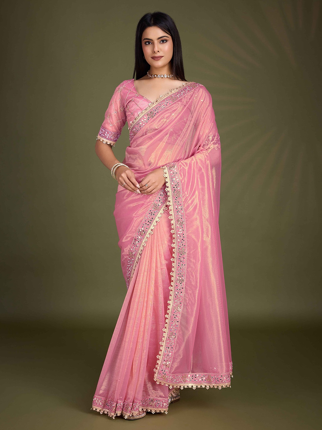 

Blissta Embellished Mirror Work Net Designer Saree, Pink