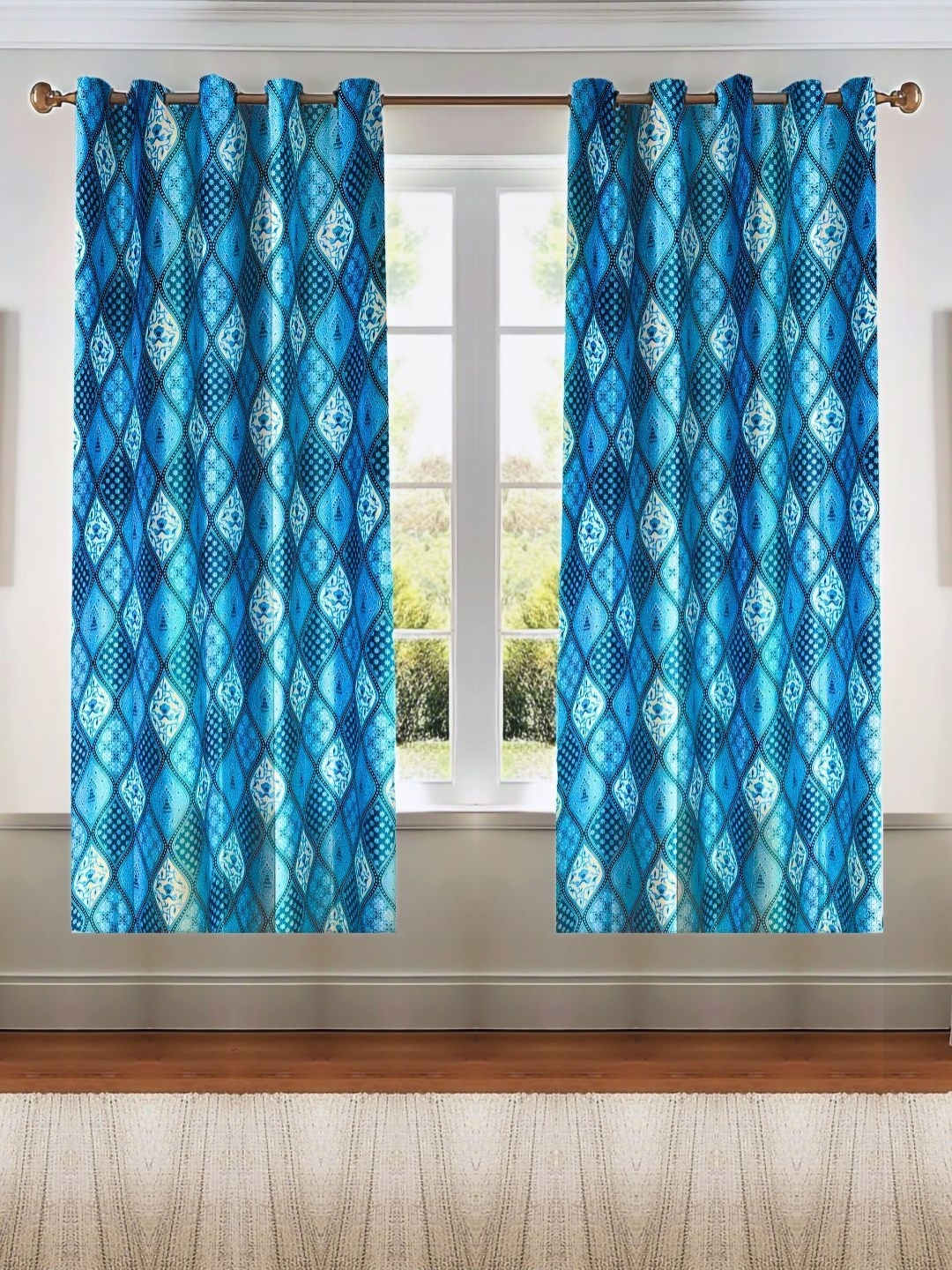 

Kanodia Poly Fab Blue And White 2 Pieces Printed Premium Room Darkening Window Curtains