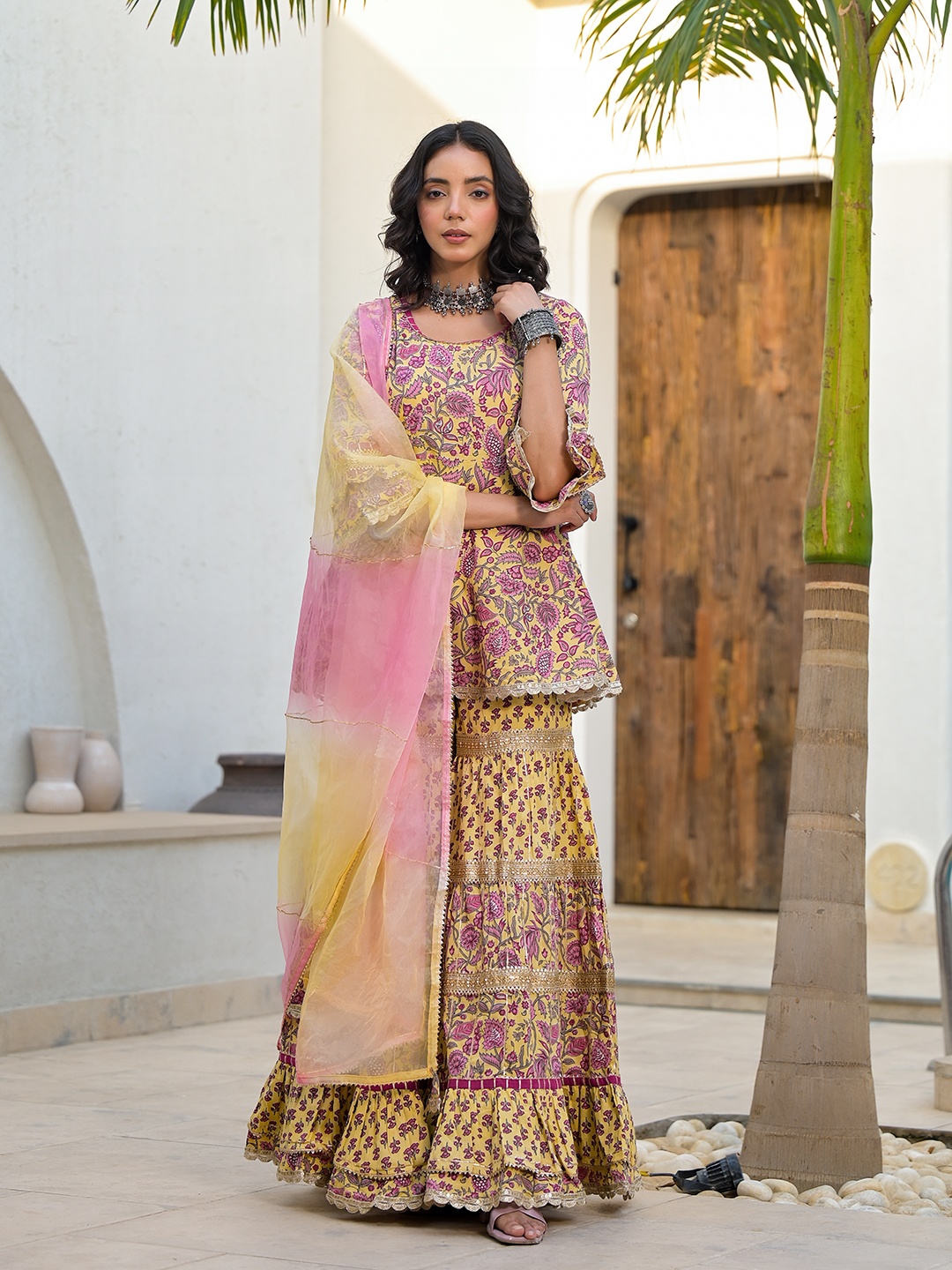 

Chandbaali Floral Printed Round Neck Pure Cotton A-Line Kurta With Sharara & Dupatta, Yellow